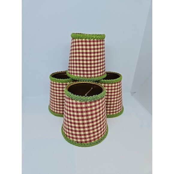 VTG 4 French Country Gingham Red/Green Clip-On Chandelier Lampshades Grannycore - Picture 1 of 15